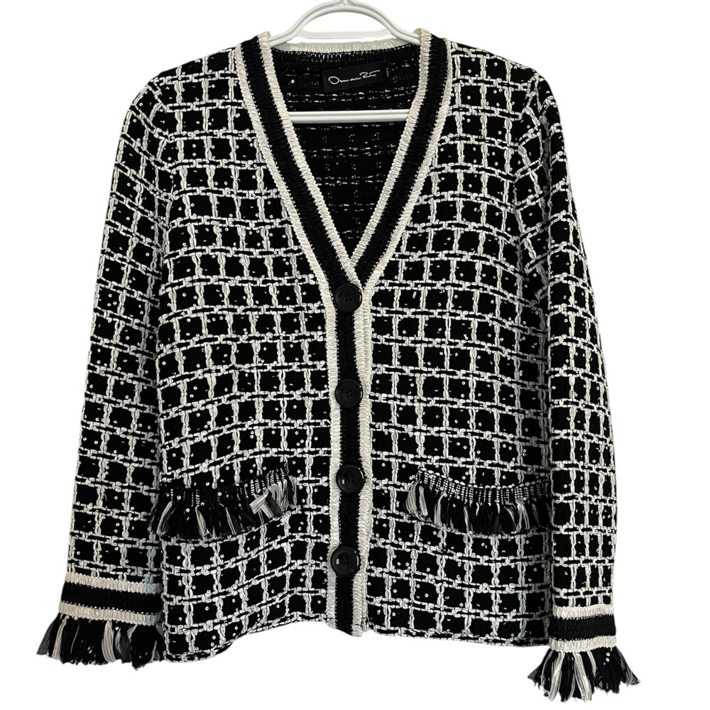 🌺 Oscar de la Renta Black and White Women's Knit Cardigan